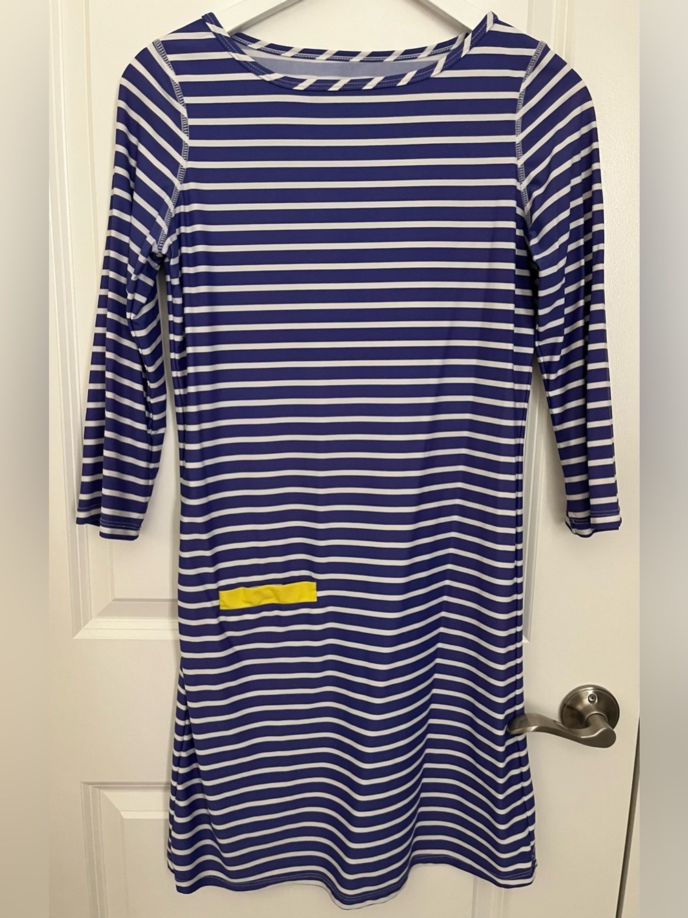 Cabana Life Blue and White Striped Dress with Yellow Logo Accent